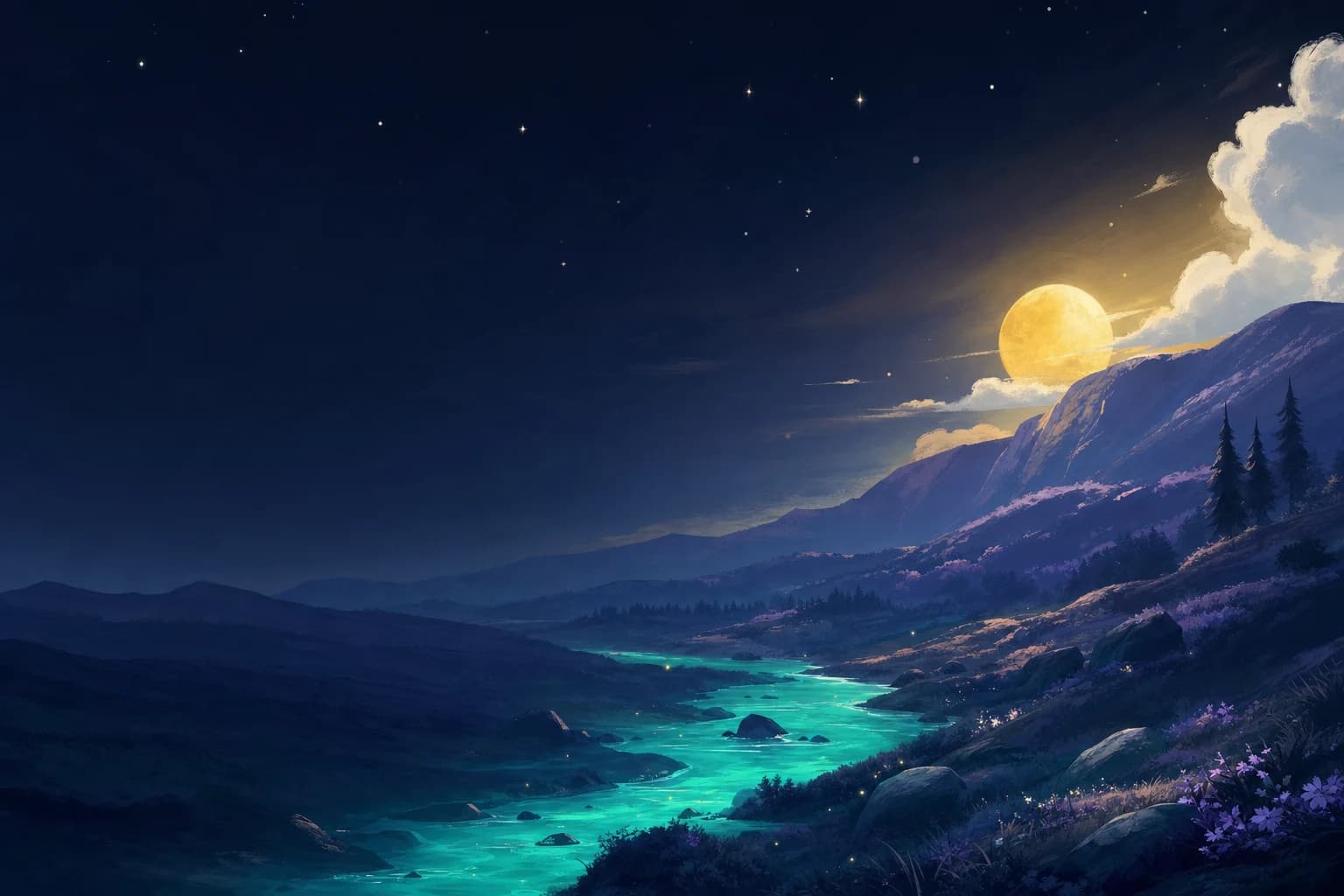 A moonlit valley with a glowing stream winding through the hills